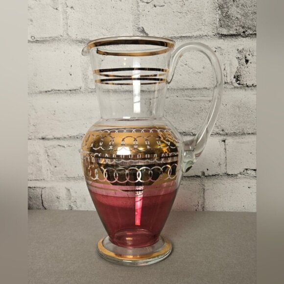 Vintage Pink & Gold Ombre Glass Pitcher Set – 5 Pc Mid-Century Barware - Picture 6 of 15